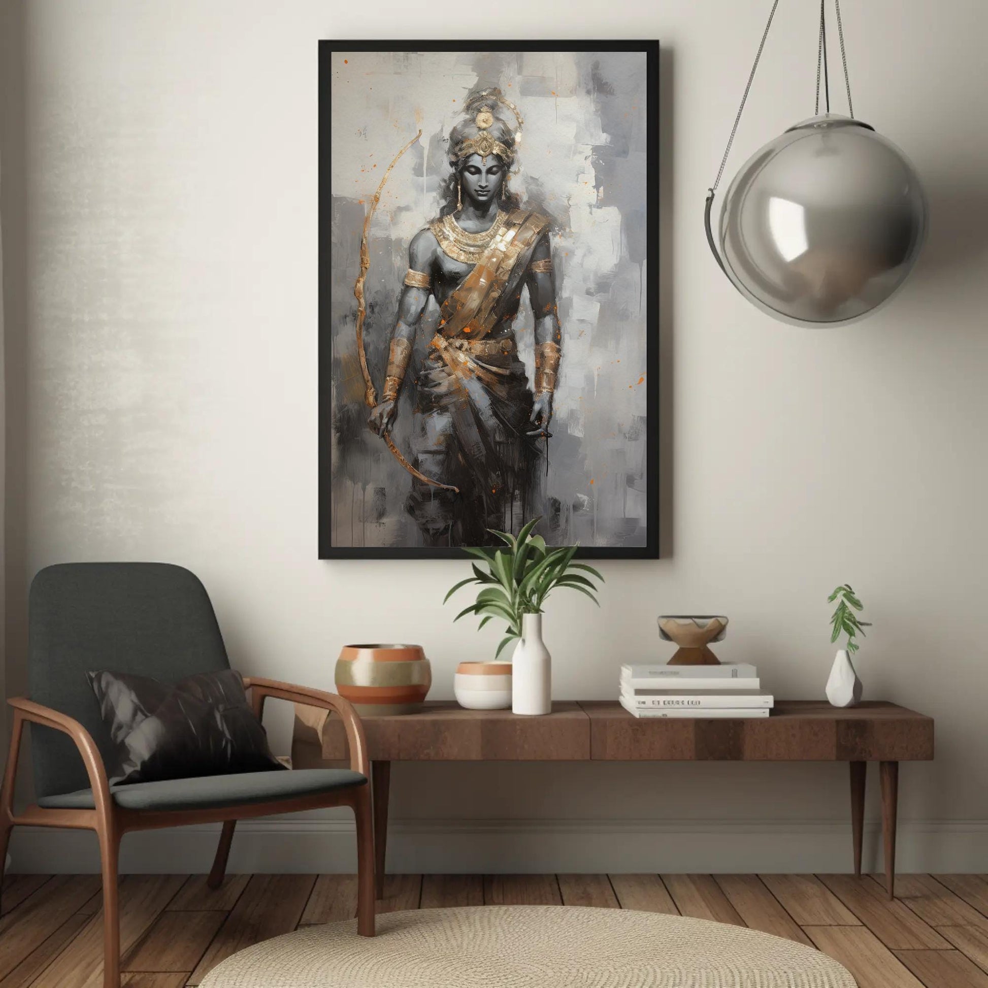 Lord Rama , Hindu God , Pooja Room canvas wall art shown in a living room