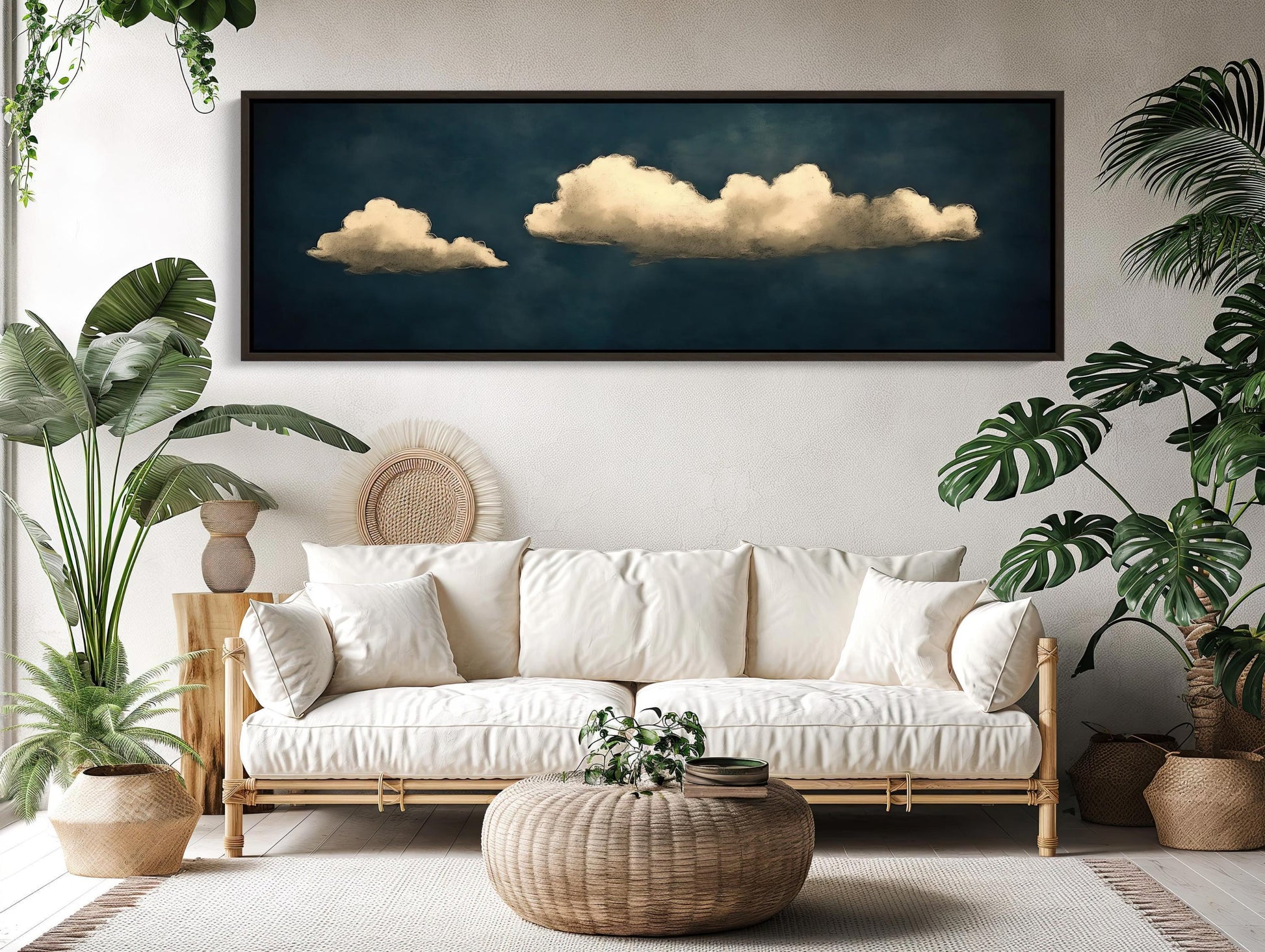 a living room with a couch, potted plants and a painting on the wall