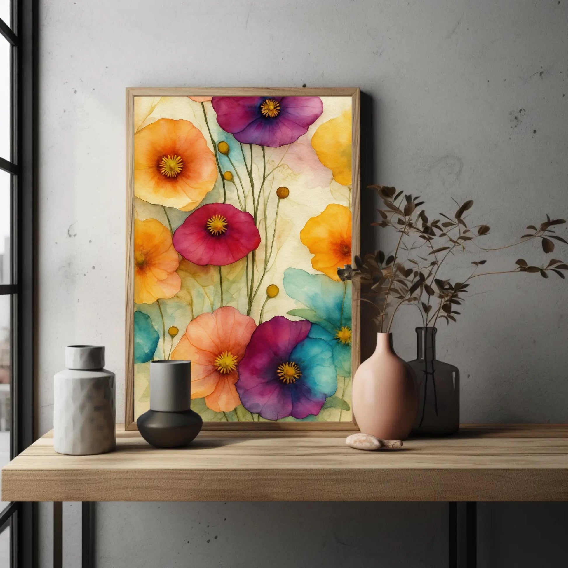 Colorful Poppy , Abstract Watercolor Floral modern canvas wall art, ready to hang (view 2)