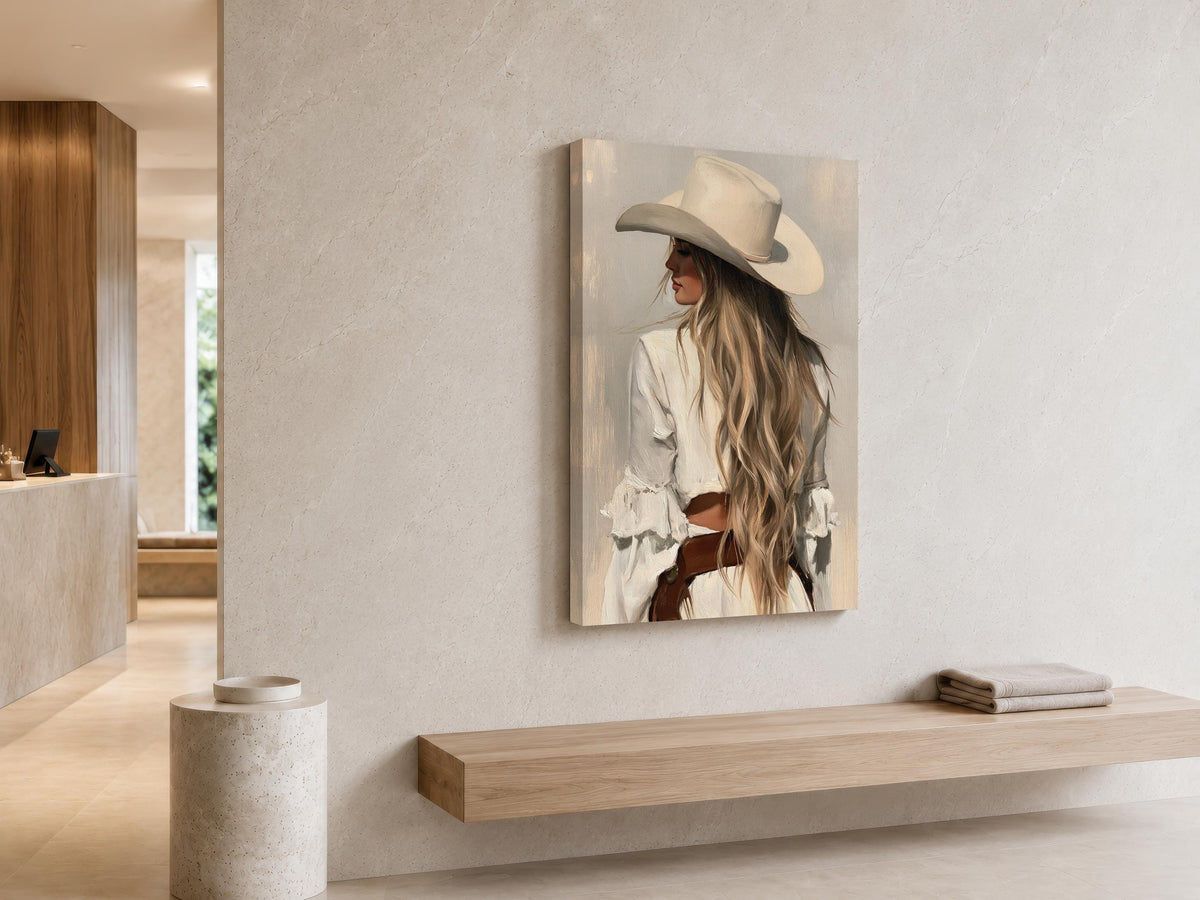 a woman wearing a cowboy hat, standing in a room with a wooden bench and a stone pedestal.