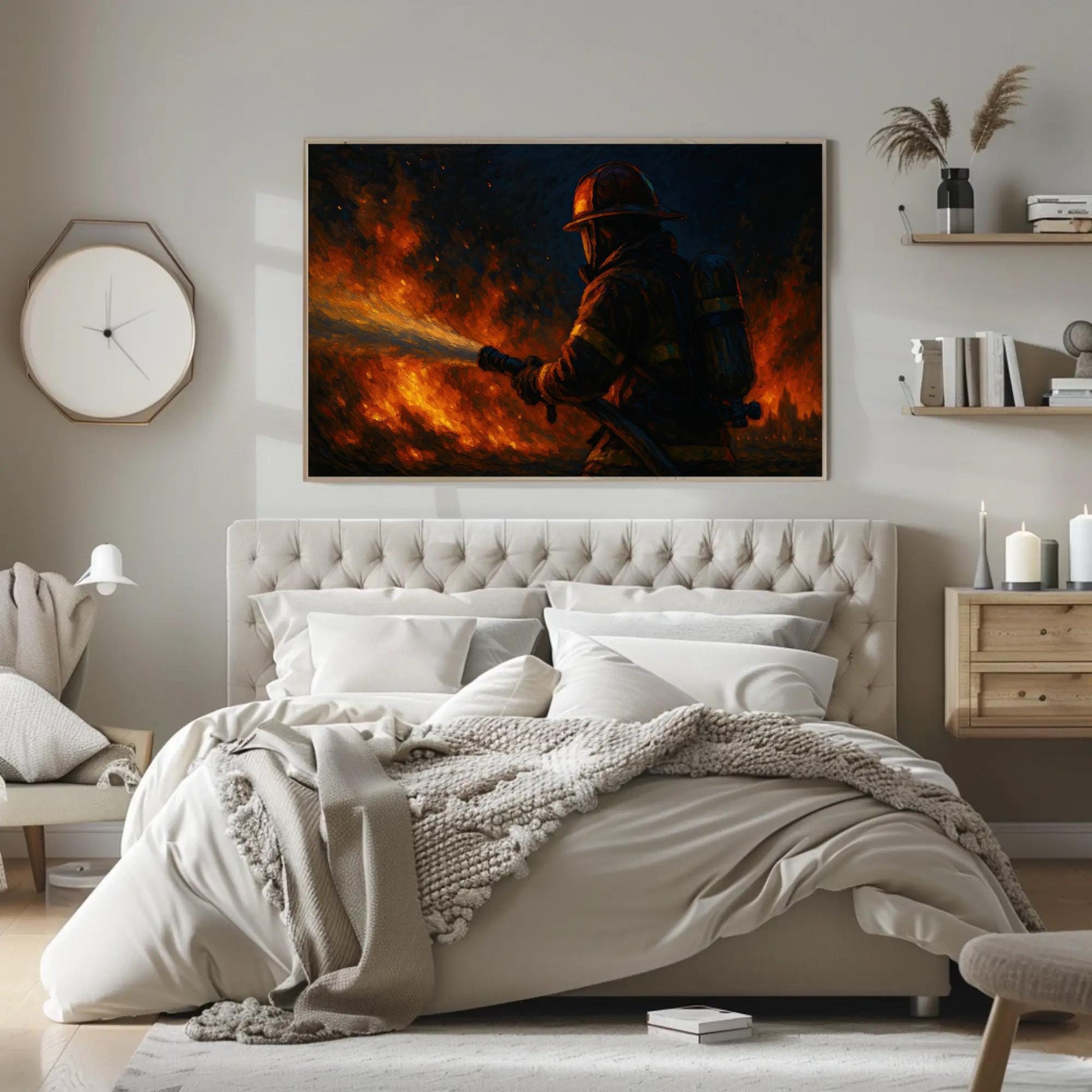 Firefighter canvas wall art shown in a bedroom