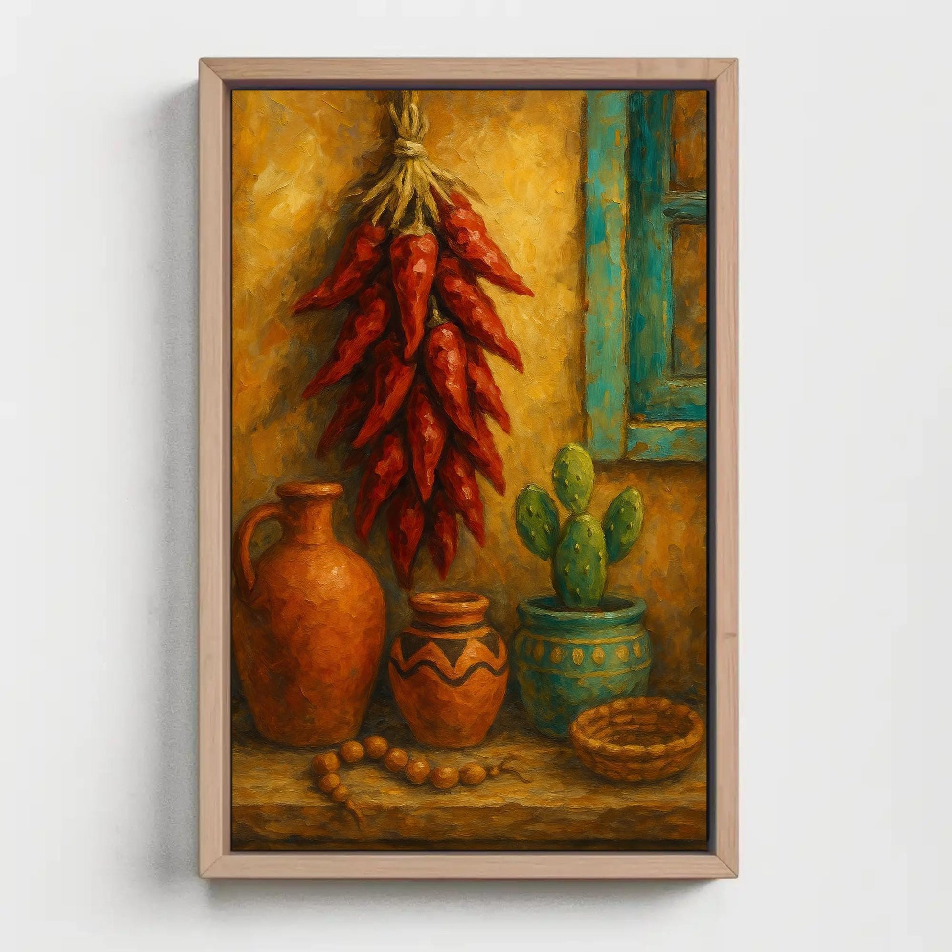 Southwestern canvas wall art shown in a styled room