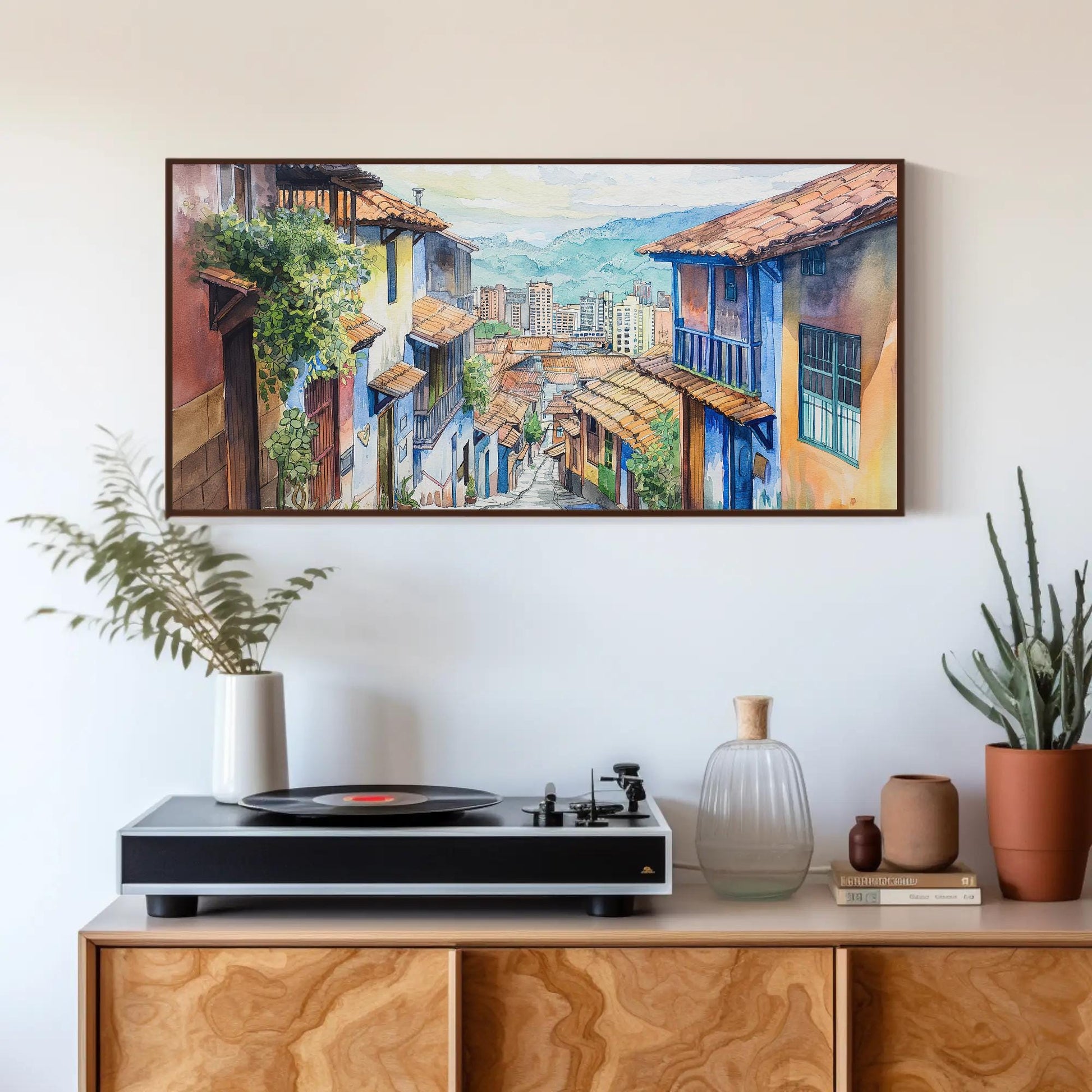 Medellín Watercolor Painting canvas wall art shown in a styled room