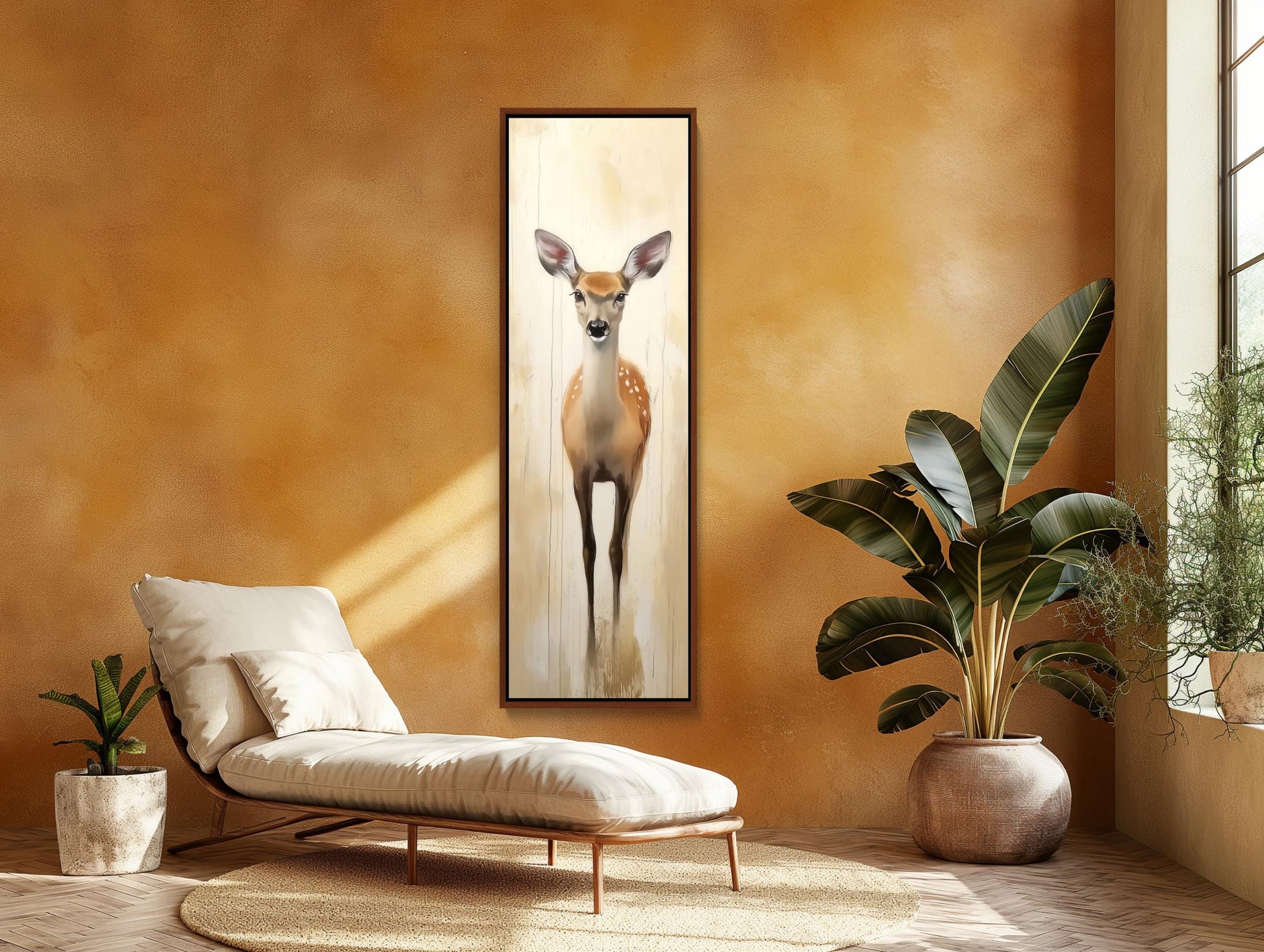 Abstract Deer canvas wall art shown in a living room