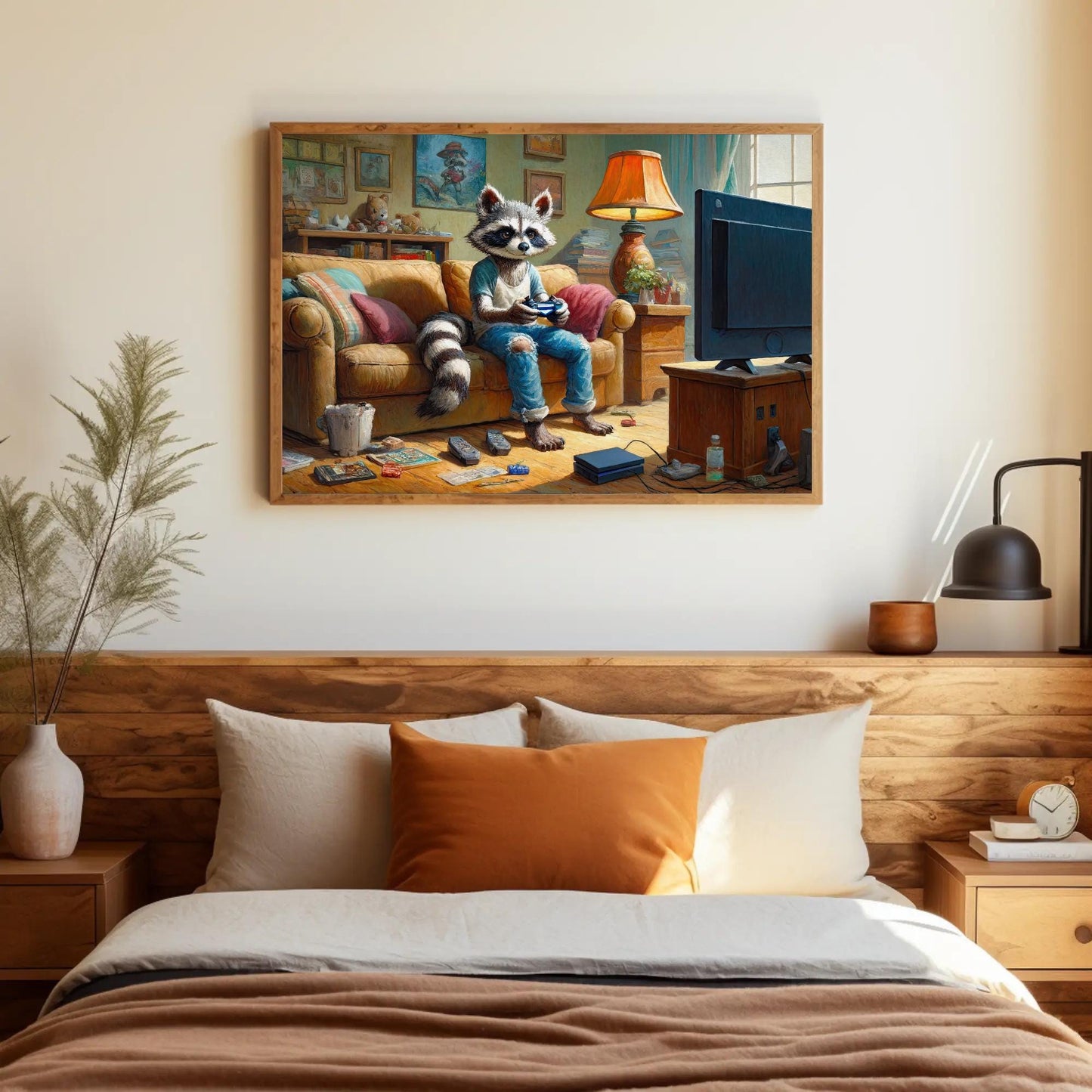 Gamer Raccoon canvas wall art shown in a bedroom