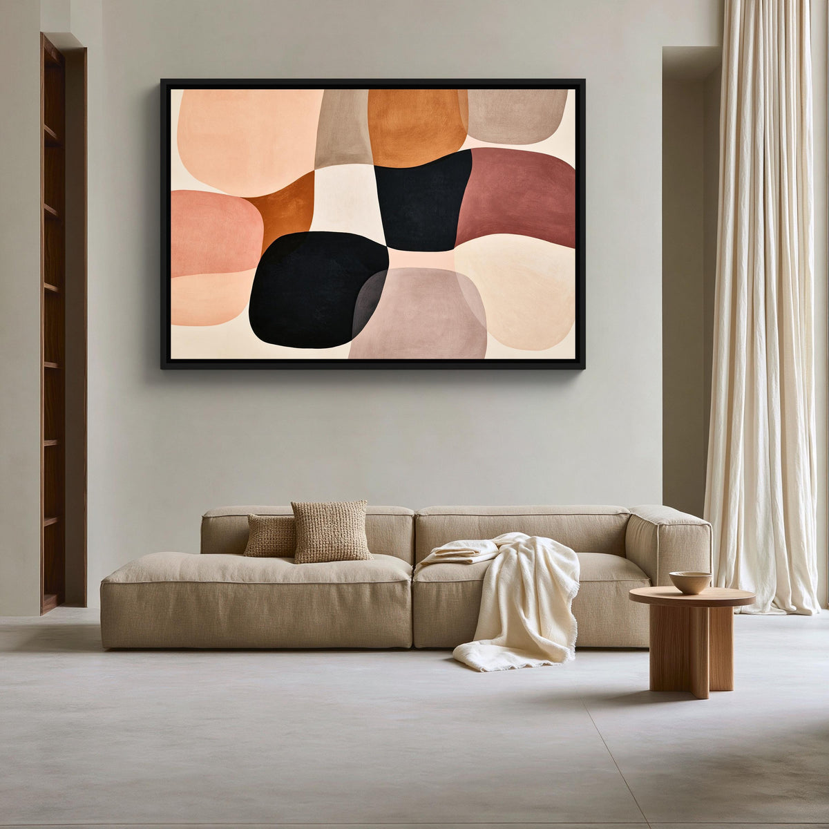 Blush organic shapes abstract canvas wall art, modern living room with a large abstract painting hanging on the wall above a
