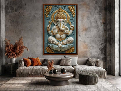 3D Ganesha canvas wall art shown in a living room