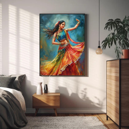 Indian Folk Dance Art canvas wall art shown in a styled room