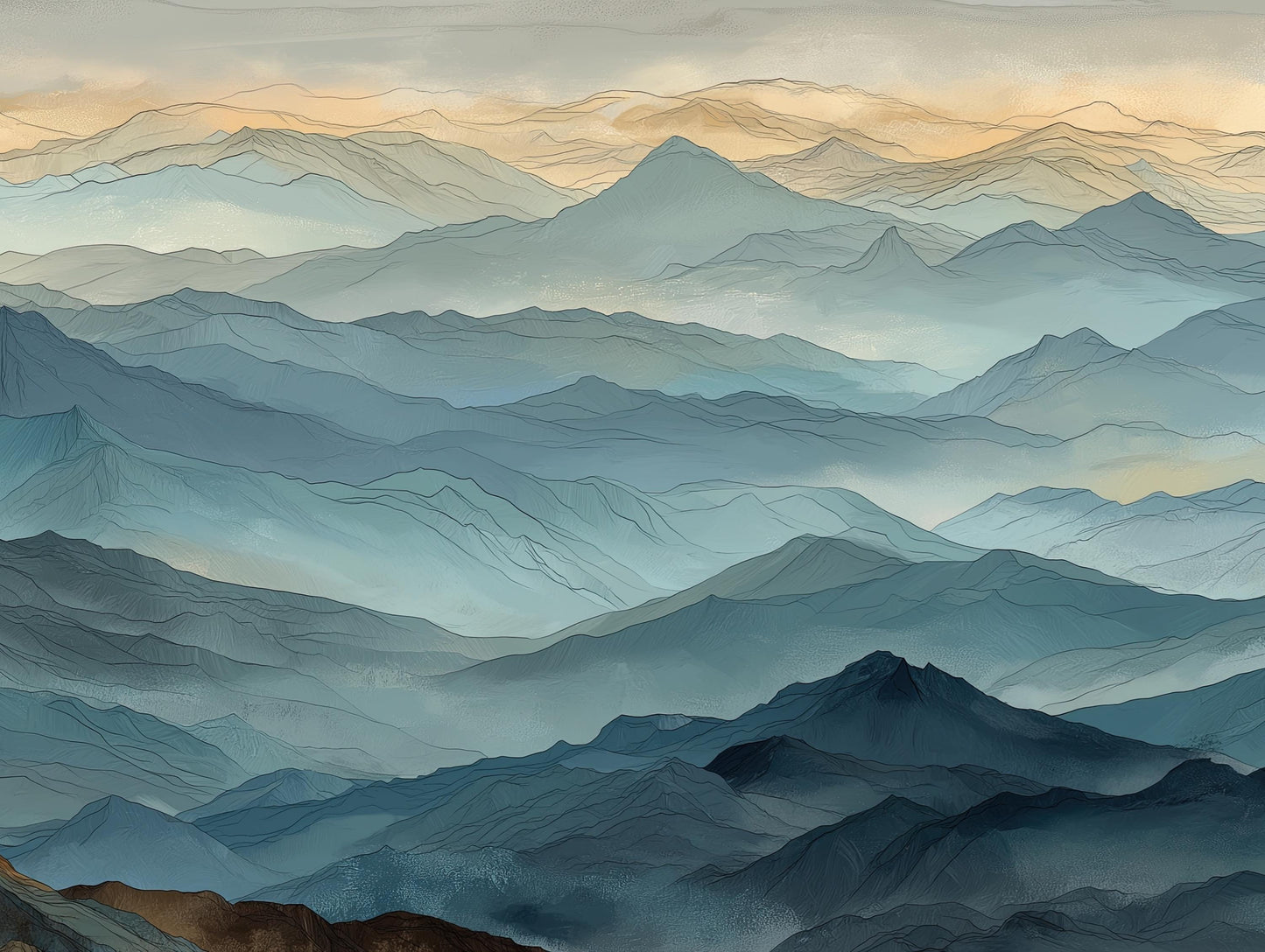 Misty Mountain , Japandi Panoramic Landscape canvas wall art shown in a styled room