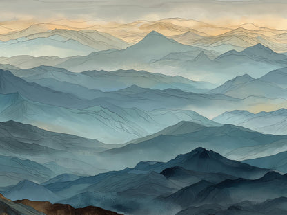 Misty Mountain , Japandi Panoramic Landscape canvas wall art shown in a styled room