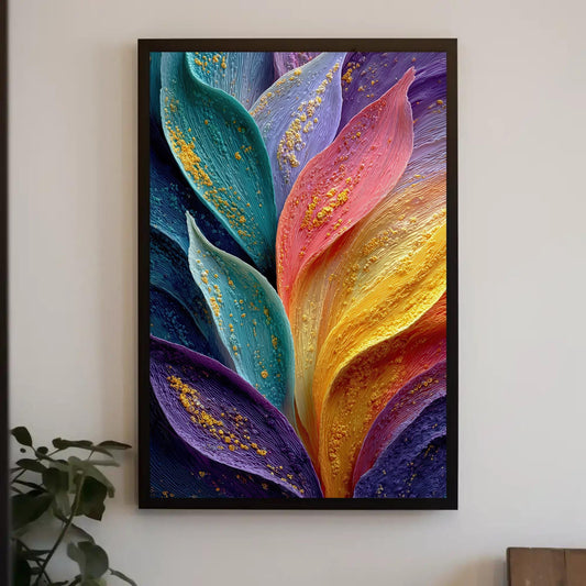 The image is a vibrant and colorful painting of a flower, with petals in shades of blue, purple, pink, yellow, and orange. The painting is framed and hung on a wall, creating a visually striking display.