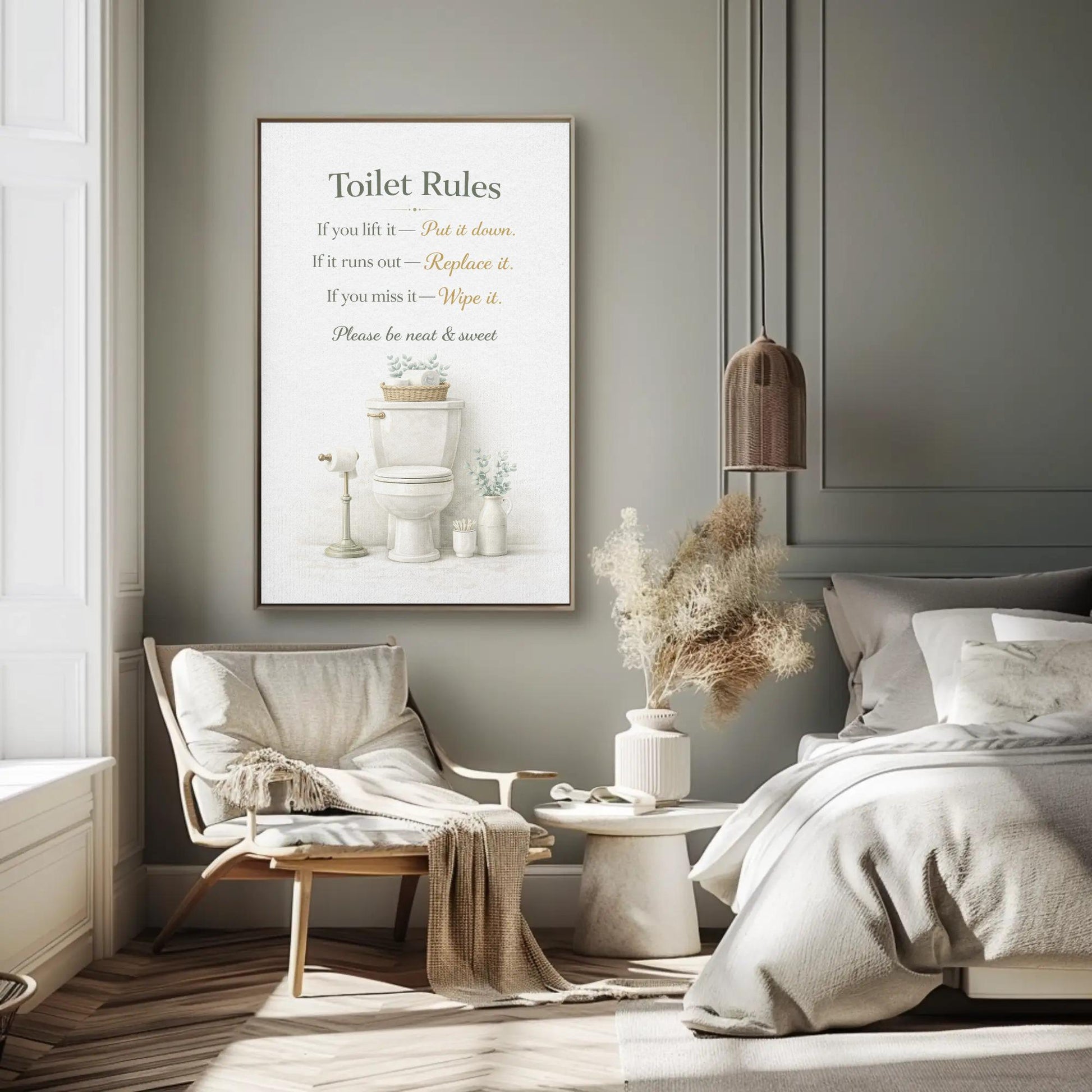 Toilet Rules canvas wall art shown in a bedroom