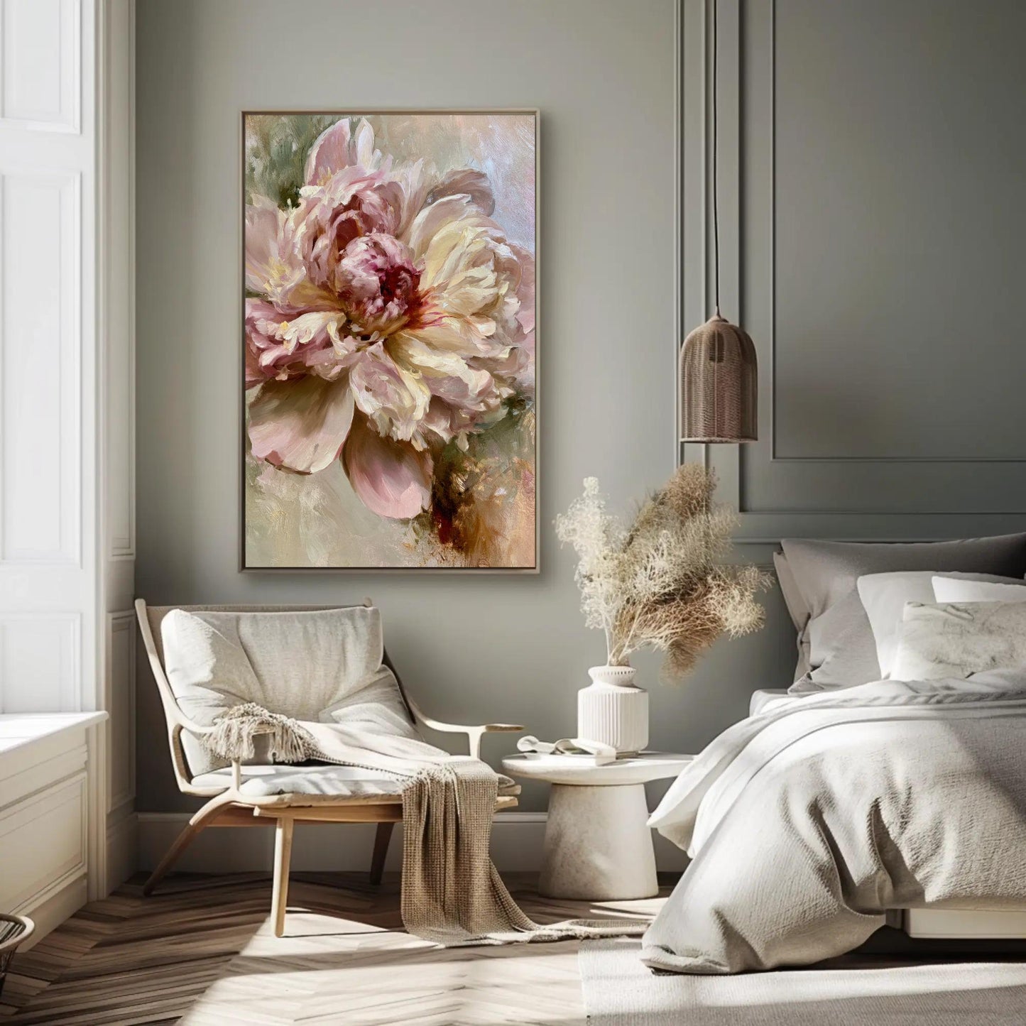Blush Peony canvas wall art shown in a bedroom