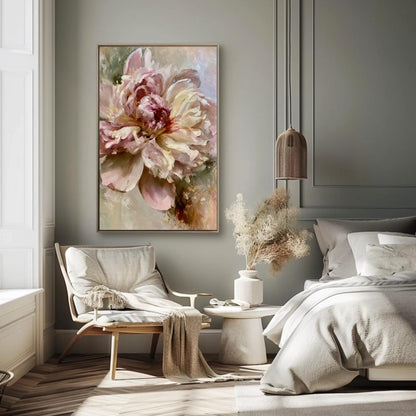 Blush Peony canvas wall art shown in a bedroom
