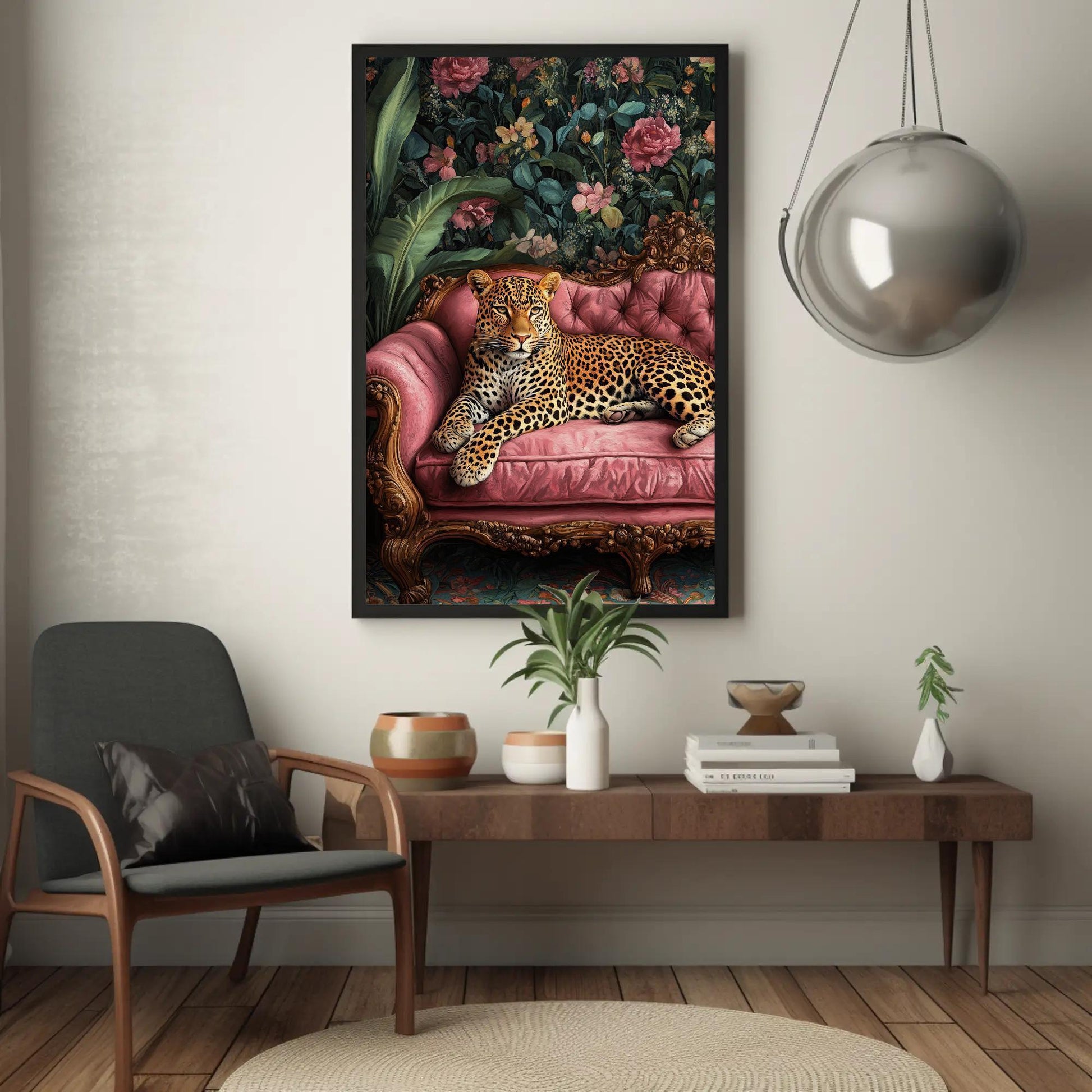 Leopard canvas wall art shown above a sofa