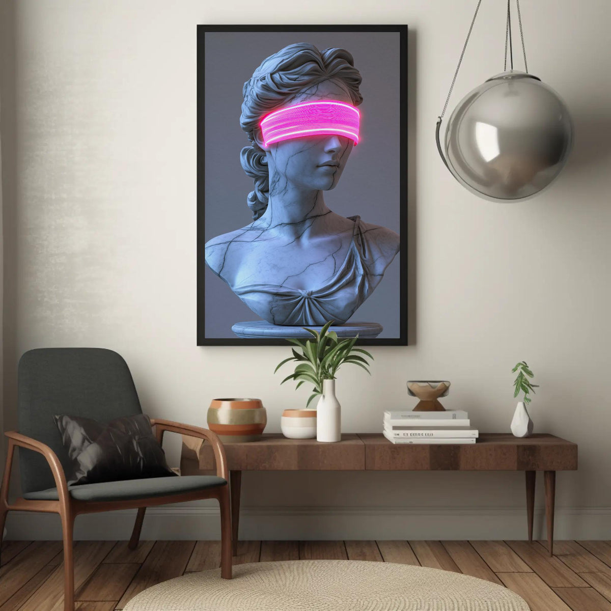 Neon blindfold Lady Justice canvas wall art, modern art piece depicting a woman's face with a pink light on her eyes