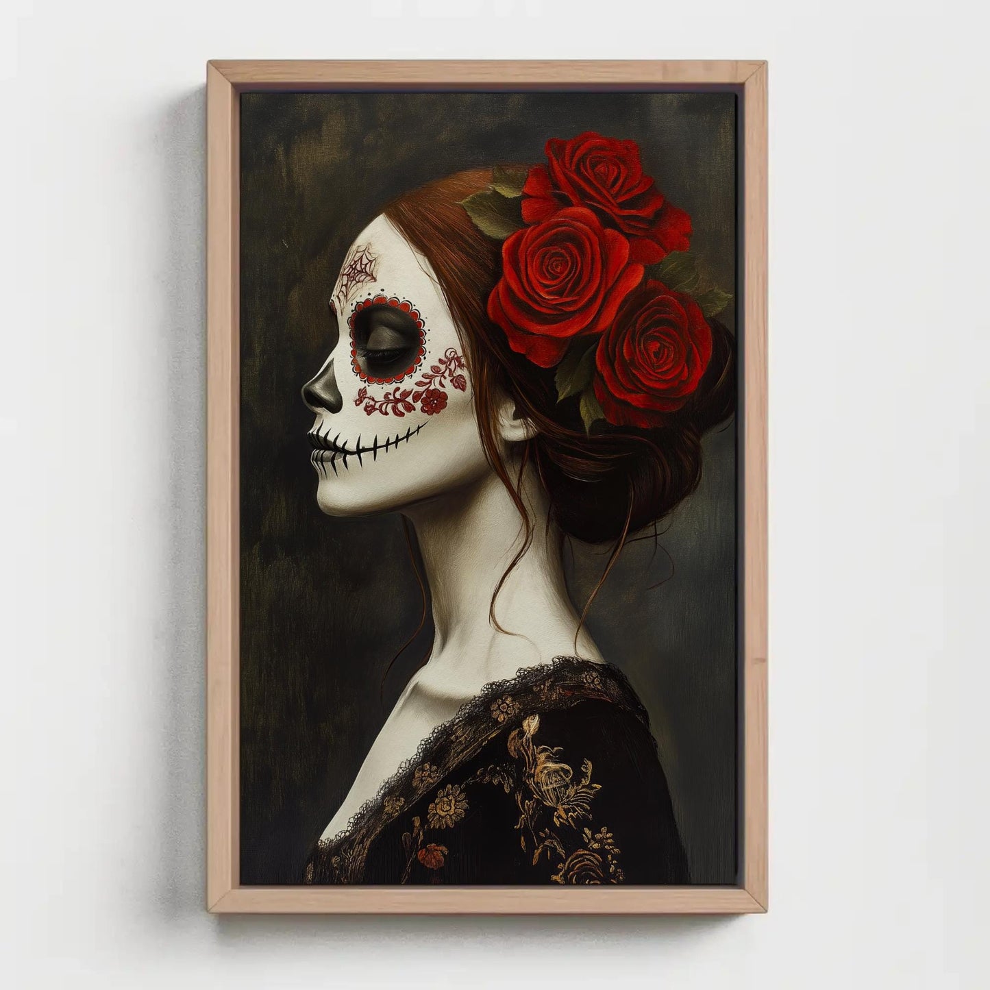 Day of the Dead canvas wall art shown in a styled room