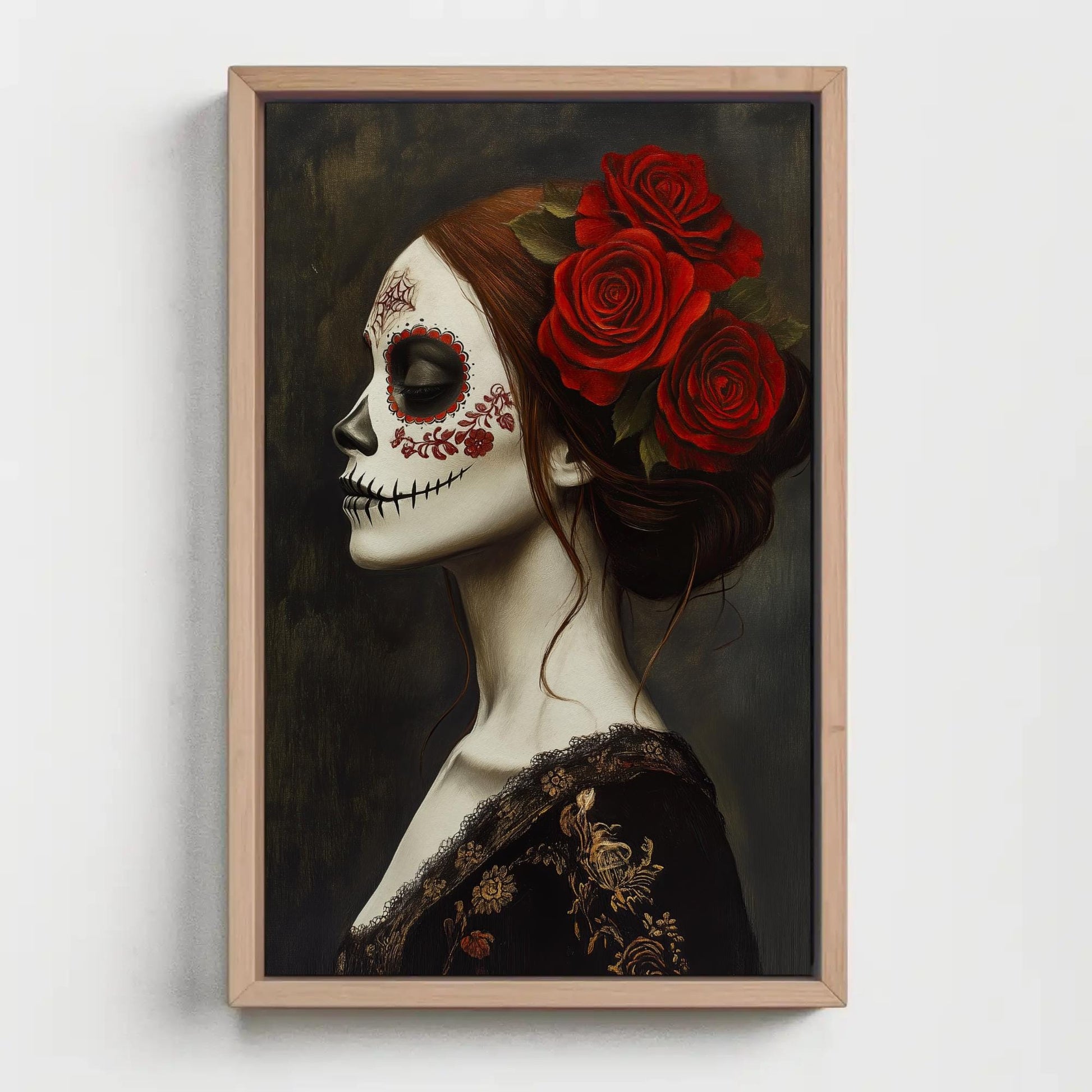 Day of the Dead canvas wall art shown in a styled room