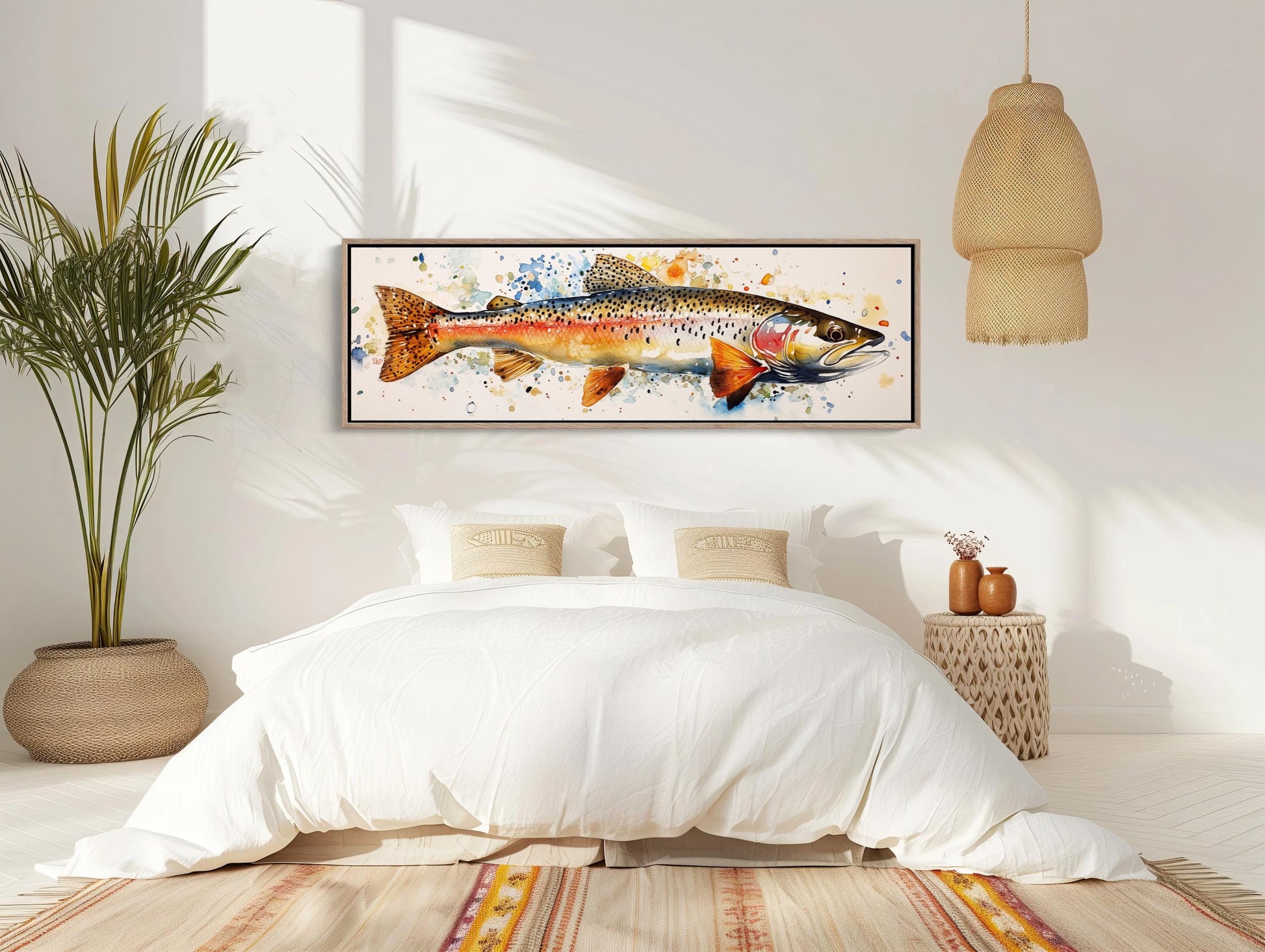 Rainbow Trout , Watercolor Fishing Cabin canvas wall art shown in a bedroom