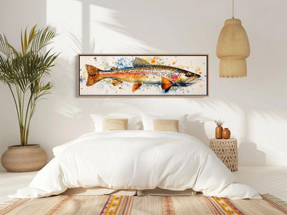 Rainbow Trout , Watercolor Fishing Cabin canvas wall art shown in a bedroom