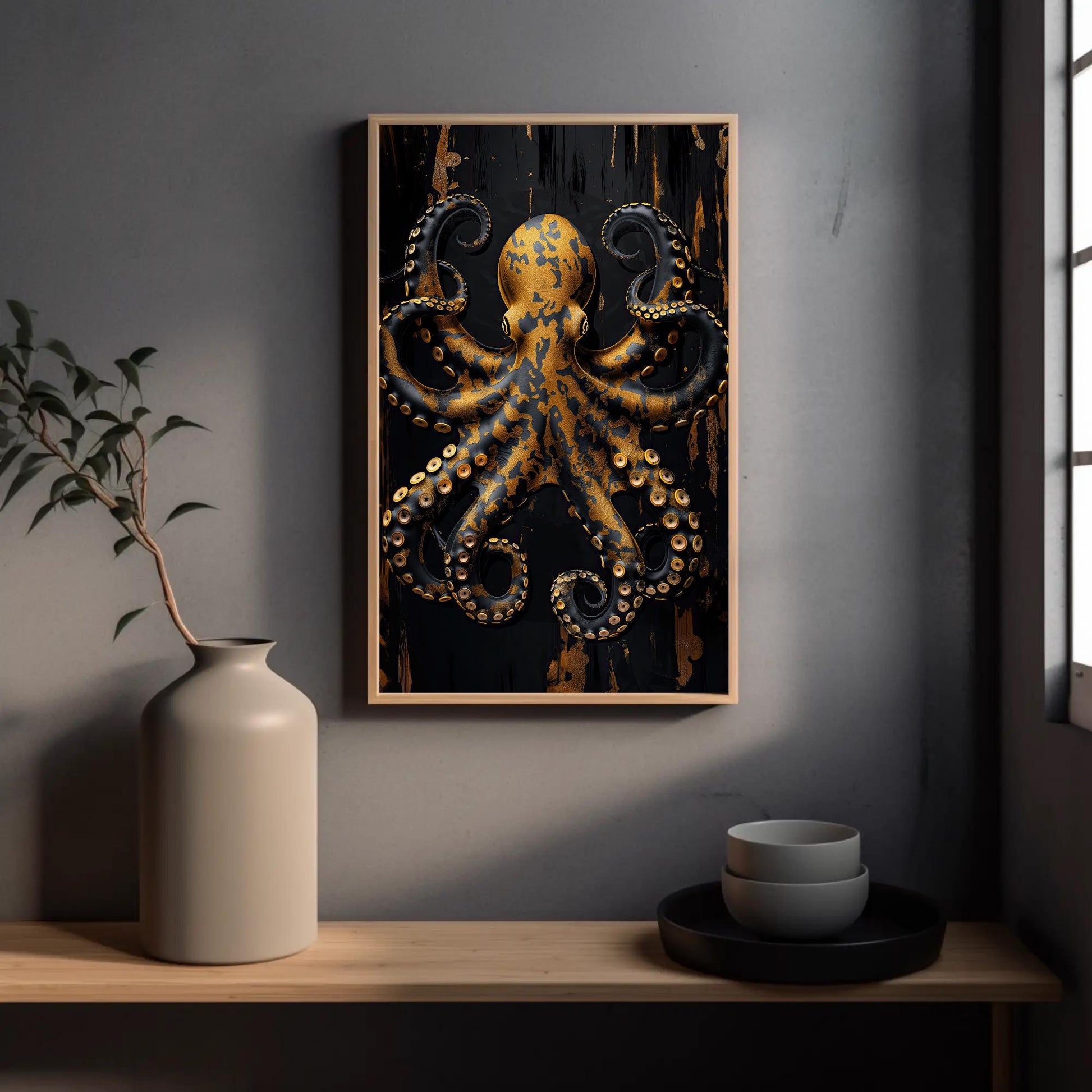 Gold Octopus canvas wall art shown in a styled room