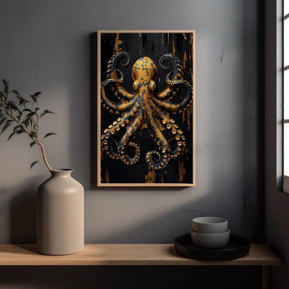 Gold Octopus canvas wall art shown in a styled room