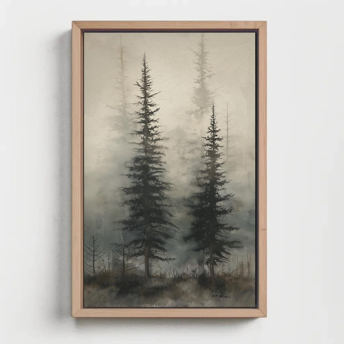 Foggy Pine Forest , Misty Woodland canvas wall art shown in a styled room