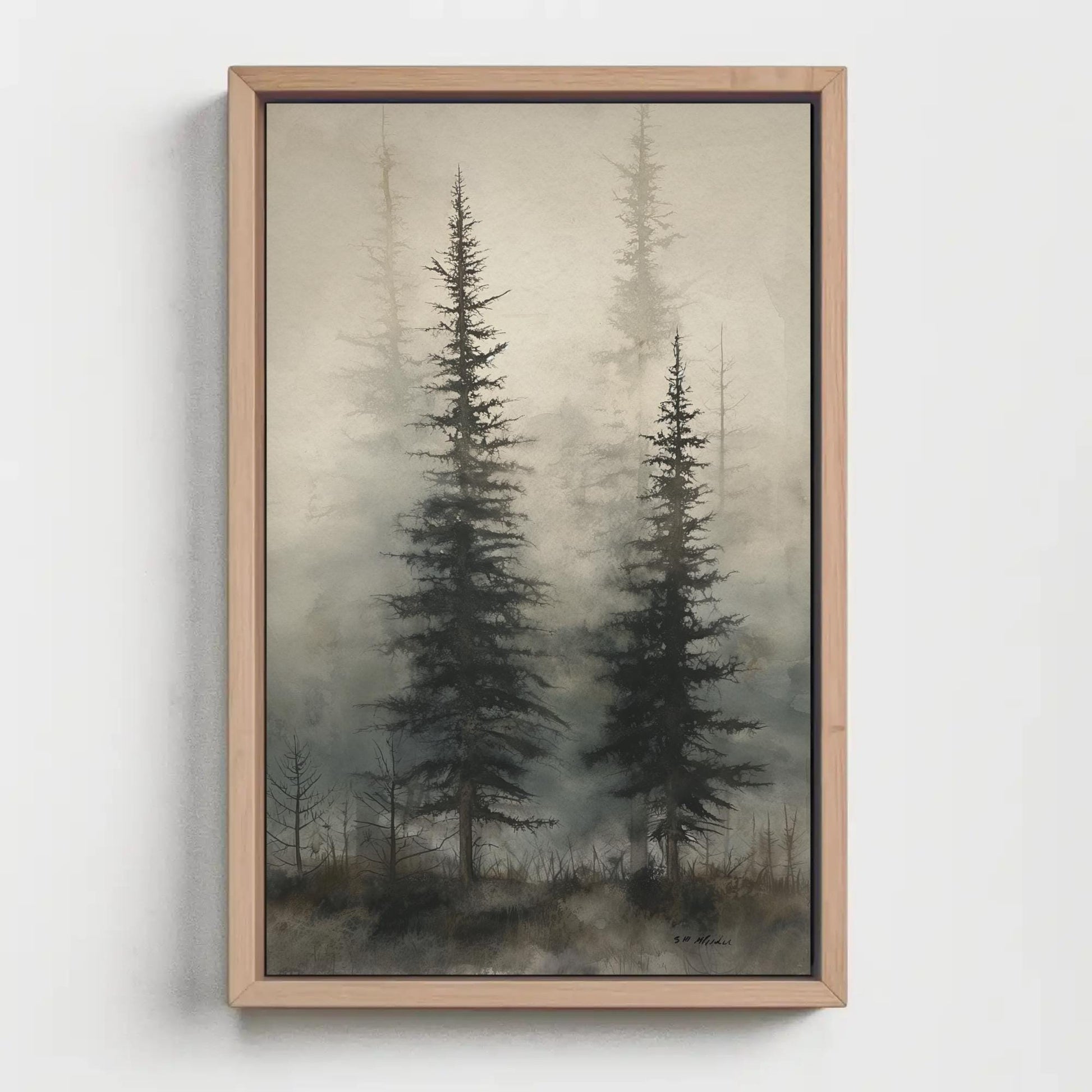 Foggy Pine Forest , Misty Woodland canvas wall art shown in a styled room