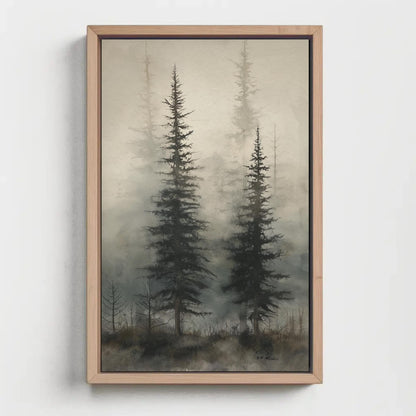 Foggy Pine Forest , Misty Woodland canvas wall art shown in a styled room
