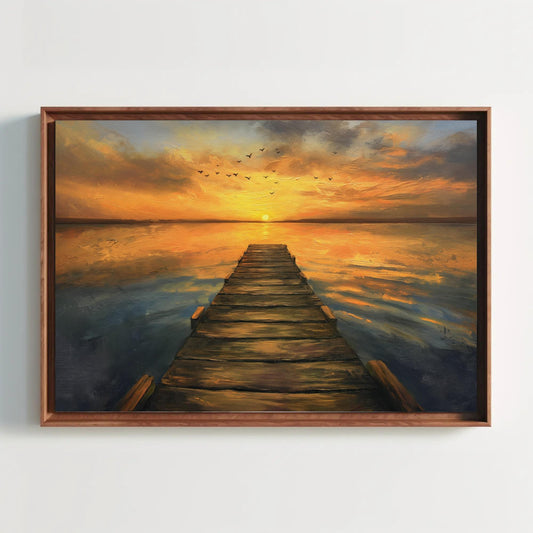 Sunset Dock Canvas - Extra Large Rustic Sunset Scene Lake House Decor Print