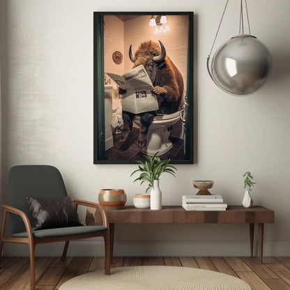 Funny Bison Bathroom , Buffalo Toilet Humor canvas wall art shown in a styled room (view 6)