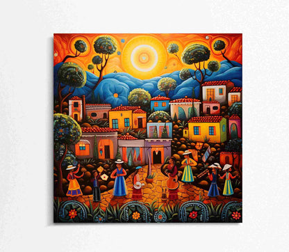 Mexican Folk Art , Colorful Village canvas wall art, gallery-wrapped or framed