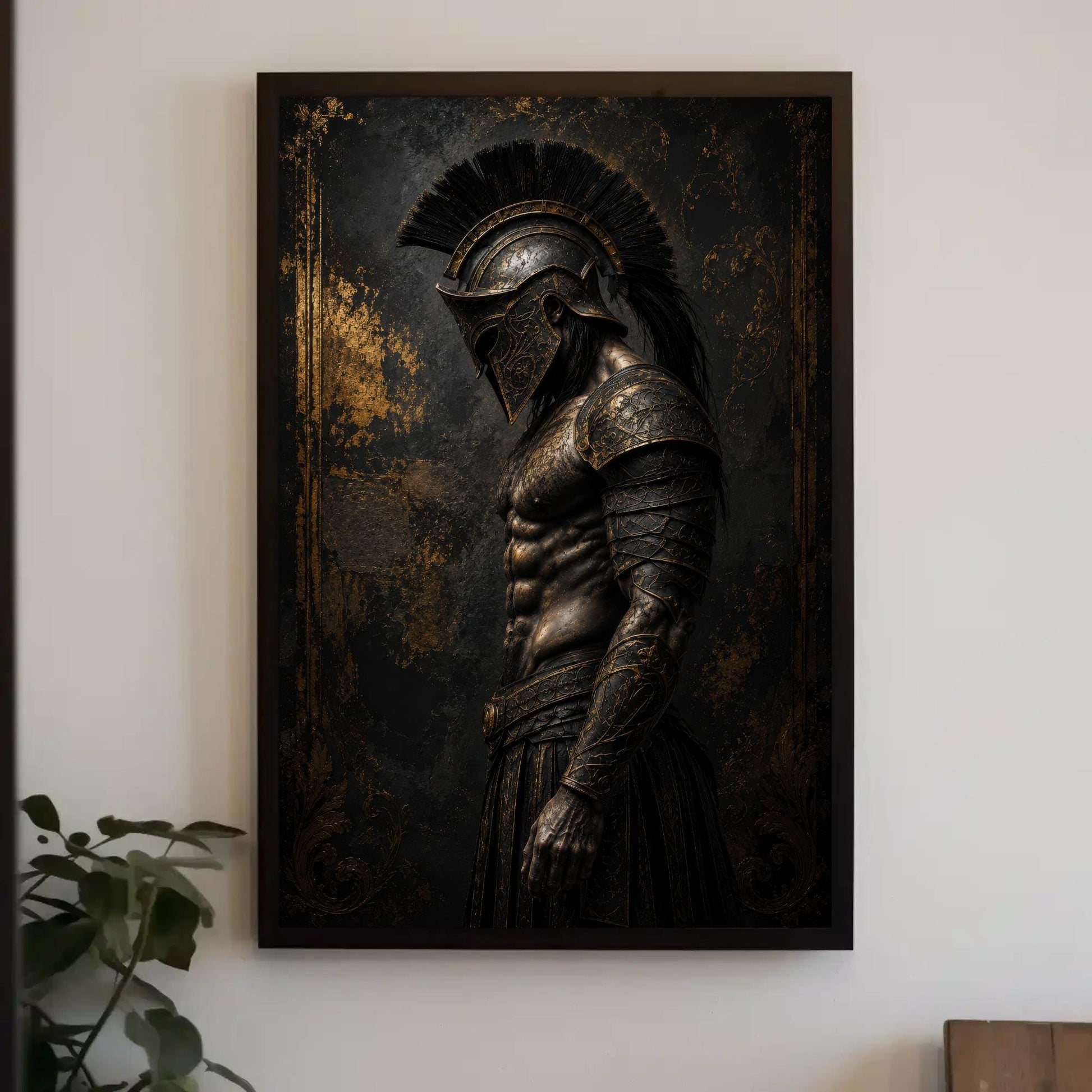 Spartan Hoplite Canvas, Dark Greek Oil Painting, Moody Warrior Art Print