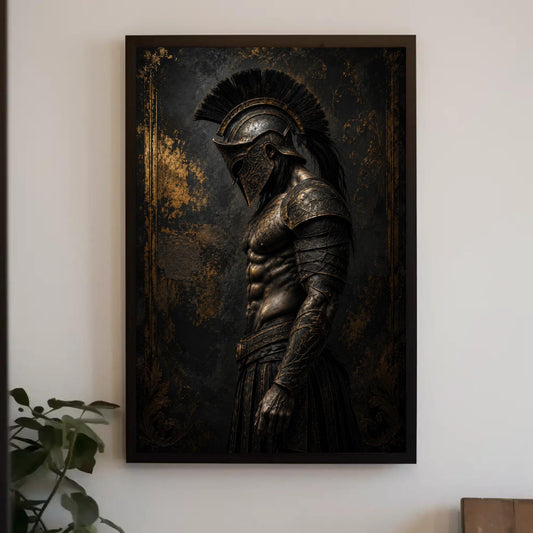 a bronze statue of a warrior standing in a contemplative pose, wearing a helmet with a plume and a long sword.
