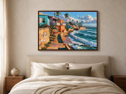 La Perla seaside lane canvas wall art, large, colorful painting of a beach scene hanging on a wall above a bed with white
