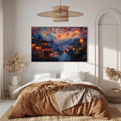 Chinese Village , Misty Mountain Lantern canvas wall art shown in a bedroom (view 3)