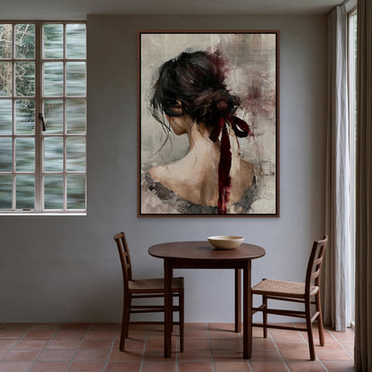 Woman with burgundy ribbon canvas wall art, large painting of a woman's face hanging on a wall above a small round table