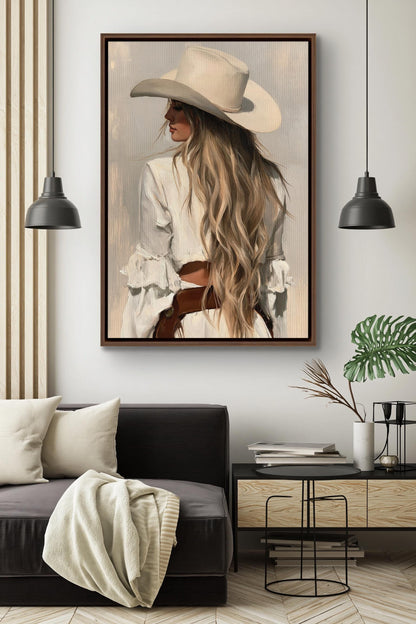a woman with long blonde hair wearing a cowboy hat, standing in a room with a black couch, a coffee table, and a plant.