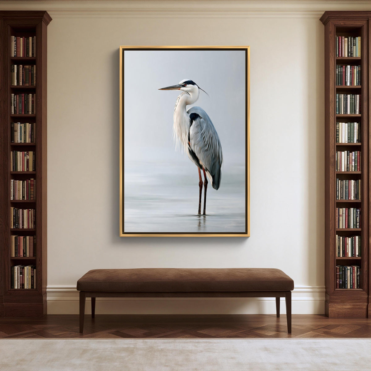 Grey heron in still water canvas wall art, large framed photograph of a blue heron standing on one leg in a serene setting