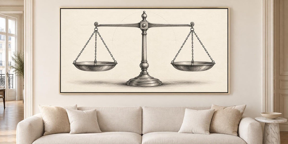 Scales of justice sketch canvas wall art, large, framed drawing of a balance scale on a wall, with two bowls on either side