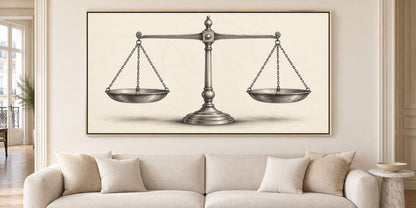 Scales of justice sketch canvas wall art, large, framed drawing of a balance scale on a wall, with two bowls on either side