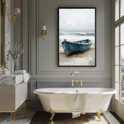 Weathered blue rowboat canvas wall art, bathroom with a bathtub and a painting on the wall