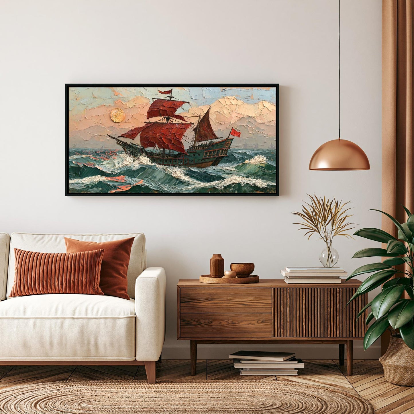 a living room with a white sofa, a wooden side table, and a framed painting of a sailing ship on the wall.