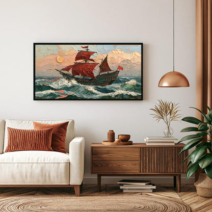 a living room with a white sofa, a wooden side table, and a framed painting of a sailing ship on the wall.