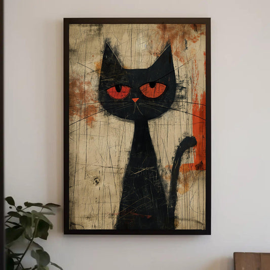 a painting of a black cat with red eyes