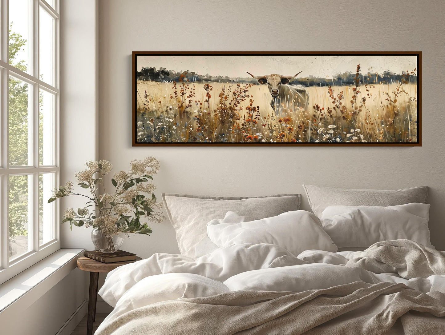 Texas Longhorn Cow canvas wall art shown above a bed
