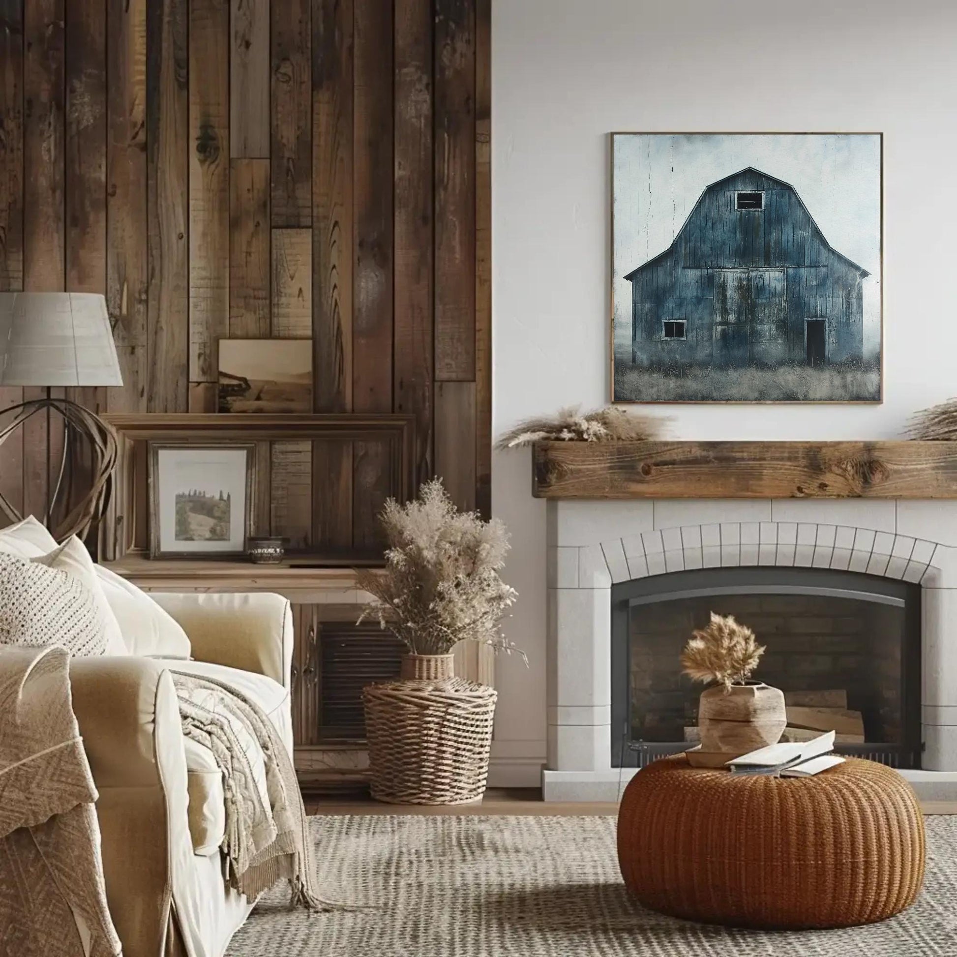 Blue Barn canvas wall art shown in a living room (view 2)