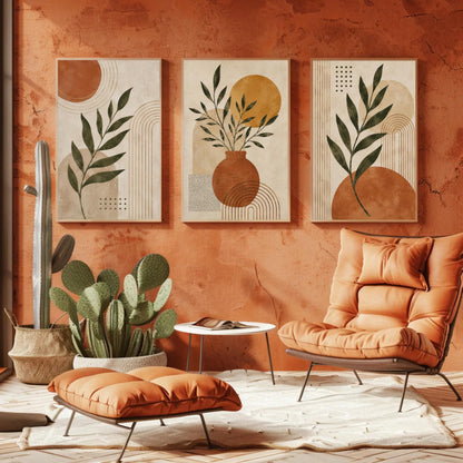 Boho botanical abstract set of 3 canvas wall art, leaf branches, vase and sun shapes in terracotta