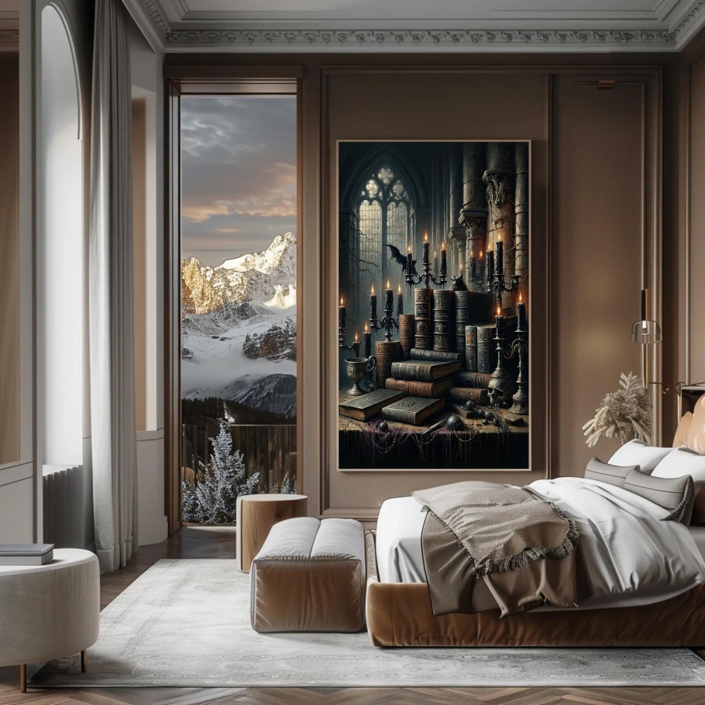 Gothic Library canvas wall art shown in a bedroom