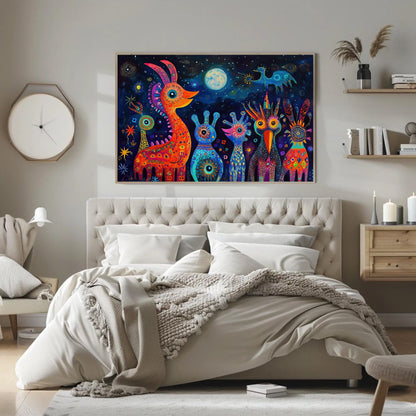 Oaxacan Alebrijes , Mexican Folk Art canvas wall art shown in a bedroom